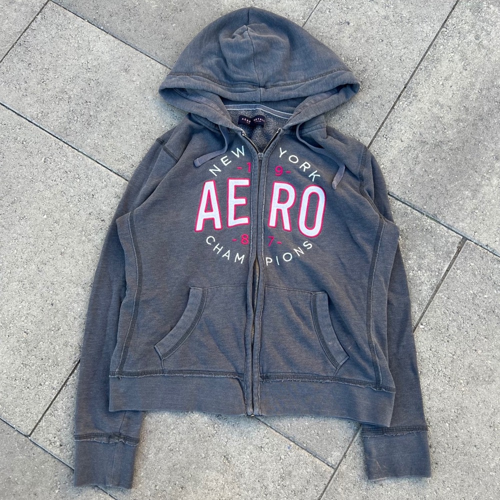Aeropostale Womens Gray Zip Up Hoodie Aero New York Graphic Sweatshirt XL
